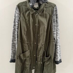 Torrid Utility Jacket in Olive with Striped Gray Sleeves